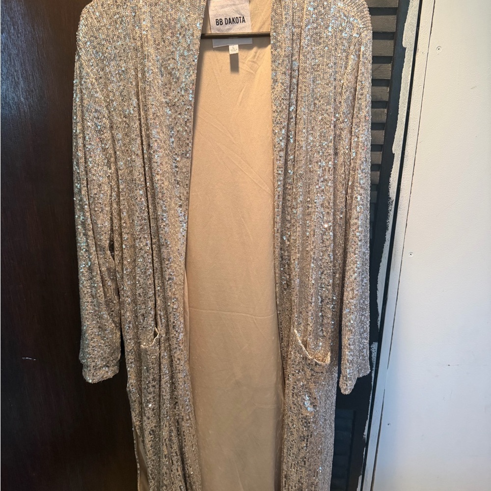 BB Dakota Sequin Duster Cardigan in Champagne Silver gold size large
